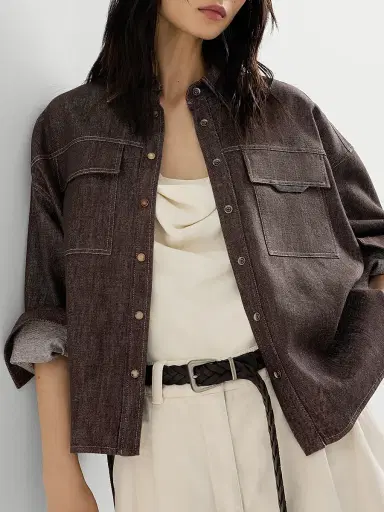 Brunello Cucinelli Women's Sparkling No Fade Denim Shirt with Shiny Flap Detail - Cocoa | Thumbnail 5 Brunello Cucinelli Women's Sparkling No Fade Denim Shirt with Shiny Flap Detail - Cocoa | Thumbnail 5