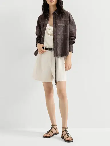 Brunello Cucinelli Women's Sparkling No Fade Denim Shirt with Shiny Flap Detail - Cocoa | Thumbnail 6 Brunello Cucinelli Women's Sparkling No Fade Denim Shirt with Shiny Flap Detail - Cocoa | Thumbnail 6