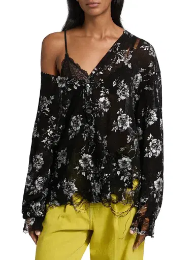 R13 Women's Floral-Print Linen Boyfriend Cardigan - Silver Floral On Black | Thumbnail 3 R13 Women's Floral-Print Linen Boyfriend Cardigan - Silver Floral On Black | Thumbnail 3