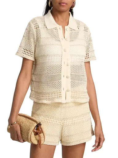Milly Women's Crochet Knit Short-Sleeve Shirt - Gold Multi | Thumbnail 3 Milly Women's Crochet Knit Short-Sleeve Shirt - Gold Multi | Thumbnail 3