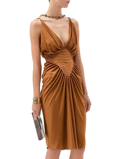 Versace Women's Gathered Jersey Knee-Length Cocktail Dress - Tobacco | Thumbnail 2 Versace Women's Gathered Jersey Knee-Length Cocktail Dress - Tobacco | Thumbnail 2