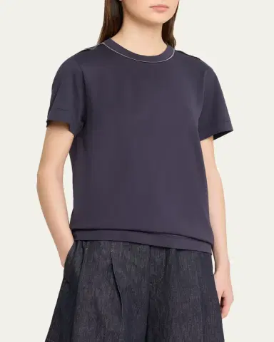 Brunello Cucinelli Metallic Seams Cotton Stretch Short-Sleeve T-Shirt | Thumbnail 4 Brunello Cucinelli Metallic Seams Cotton Stretch Short-Sleeve T-Shirt | Thumbnail 4