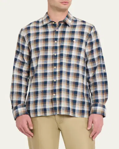 OFFICINE GÉNÉRALE Men's Younes Cotton and Linen Plaid Button-Down Shirt | Thumbnail 4 OFFICINE GÉNÉRALE Men's Younes Cotton and Linen Plaid Button-Down Shirt | Thumbnail 4