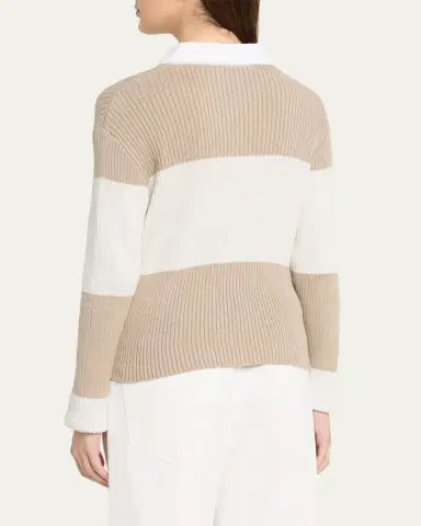 Brunello Cucinelli Shimmering Striped Cotton Rib Polo Sweater | Thumbnail 3 Brunello Cucinelli Shimmering Striped Cotton Rib Polo Sweater | Thumbnail 3