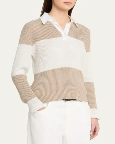 Brunello Cucinelli Shimmering Striped Cotton Rib Polo Sweater | Thumbnail 4 Brunello Cucinelli Shimmering Striped Cotton Rib Polo Sweater | Thumbnail 4