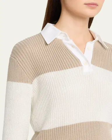 Brunello Cucinelli Shimmering Striped Cotton Rib Polo Sweater | Thumbnail 5 Brunello Cucinelli Shimmering Striped Cotton Rib Polo Sweater | Thumbnail 5