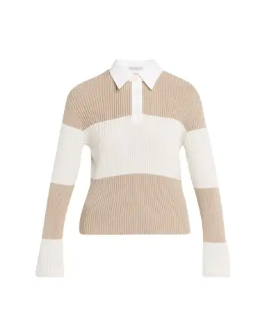 Brunello Cucinelli Shimmering Striped Cotton Rib Polo Sweater | Thumbnail 1 Brunello Cucinelli Shimmering Striped Cotton Rib Polo Sweater | Thumbnail 1
