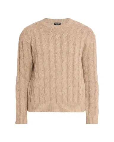 ZEGNA Men's Beige Melange Cable-Knit Crewneck Sweater | Thumbnail 1 ZEGNA Men's Beige Melange Cable-Knit Crewneck Sweater | Thumbnail 1