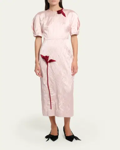 Erdem Tulip Applique Crinkled Satin Short-Sleeve Midi Dress | Thumbnail 2 Erdem Tulip Applique Crinkled Satin Short-Sleeve Midi Dress | Thumbnail 2