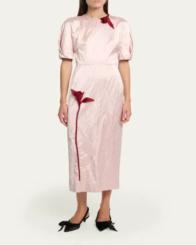 Erdem Tulip Applique Crinkled Satin Short-Sleeve Midi Dress | Thumbnail 4 Erdem Tulip Applique Crinkled Satin Short-Sleeve Midi Dress | Thumbnail 4