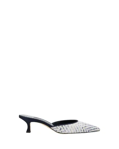 Manolo Blahnik Carolyne Metallic Woven Kitten-Heel Mules | Thumbnail 1 Manolo Blahnik Carolyne Metallic Woven Kitten-Heel Mules | Thumbnail 1
