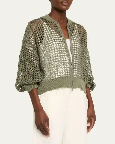 Brunello Cucinelli Paillette Mesh Knit Bomber Jacket | Thumbnail 4 Brunello Cucinelli Paillette Mesh Knit Bomber Jacket | Thumbnail 4