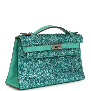 HERMÈS Custom "Aquamarine" Swarovski Crystal Pre-owned Hermes Kelly Pochette Lagon Swift Palladium Hardware | Thumbnail 2 HERMÈS Custom "Aquamarine" Swarovski Crystal Pre-owned Hermes Kelly Pochette Lagon Swift Palladium Hardware | Thumbnail 2