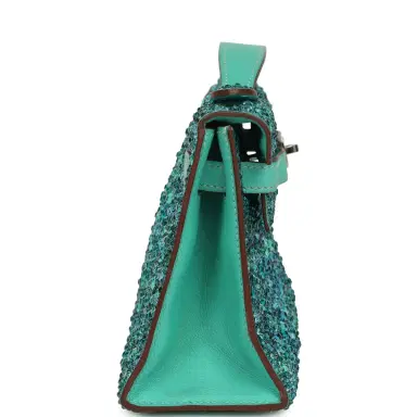 HERMÈS Custom "Aquamarine" Swarovski Crystal Pre-owned Hermes Kelly Pochette Lagon Swift Palladium Hardware | Thumbnail 3 HERMÈS Custom "Aquamarine" Swarovski Crystal Pre-owned Hermes Kelly Pochette Lagon Swift Palladium Hardware | Thumbnail 3