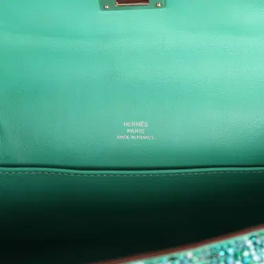 HERMÈS Custom "Aquamarine" Swarovski Crystal Pre-owned Hermes Kelly Pochette Lagon Swift Palladium Hardware | Thumbnail 9 HERMÈS Custom "Aquamarine" Swarovski Crystal Pre-owned Hermes Kelly Pochette Lagon Swift Palladium Hardware | Thumbnail 9