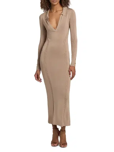 L'Agence Women's Delma Open Collar Knit Maxi Dress - Almond - Size Small | Thumbnail 2 L'Agence Women's Delma Open Collar Knit Maxi Dress - Almond - Size Small | Thumbnail 2