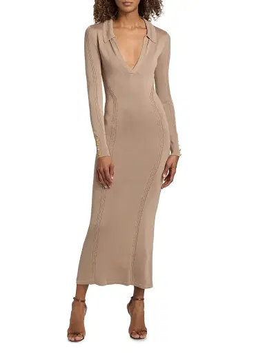 L'Agence Women's Delma Open Collar Knit Maxi Dress - Almond - Size Small | Thumbnail 3 L'Agence Women's Delma Open Collar Knit Maxi Dress - Almond - Size Small | Thumbnail 3