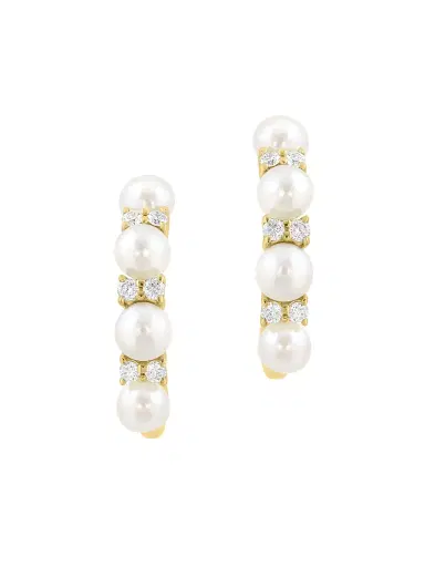 Saks Fifth Avenue Collection Women's 18K Yellow Gold, Cultured Freshwater Pearl & 0.12 TCW Diamond Hoop Earrings - Yellow Gold | Thumbnail 1 Saks Fifth Avenue Collection Women's 18K Yellow Gold, Cultured Freshwater Pearl & 0.12 TCW Diamond Hoop Earrings - Yellow Gold | Thumbnail 1