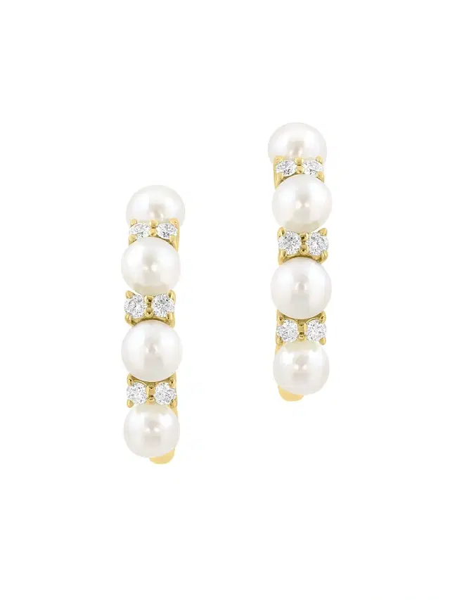 Women's 18K Yellow Gold, Cultured Freshwater Pearl & 0.12 TCW Diamond Hoop Earrings - Yellow Gold Women's 18K Yellow Gold, Cultured Freshwater Pearl & 0.12 TCW Diamond Hoop Earrings - Yellow Gold
