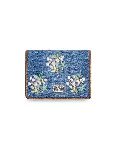 Valentino Garavani Women's VLogo Signature Wallet in Denim with Floral Embroidery - Denim | Thumbnail 1 Valentino Garavani Women's VLogo Signature Wallet in Denim with Floral Embroidery - Denim | Thumbnail 1
