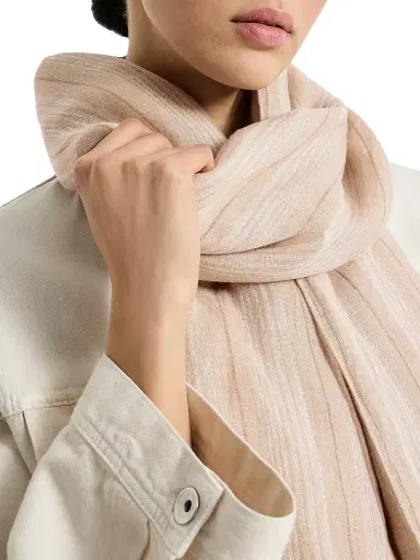 Brunello Cucinelli Women's Linen Scarf with Sparkling Regimental Stripes - Beige | Thumbnail 2 Brunello Cucinelli Women's Linen Scarf with Sparkling Regimental Stripes - Beige | Thumbnail 2
