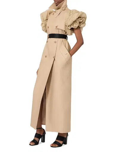 Max Mara Women's Sleeveless Trench Coat in Linen Basketweave with Ruffles - Camel | Thumbnail 2 Max Mara Women's Sleeveless Trench Coat in Linen Basketweave with Ruffles - Camel | Thumbnail 2