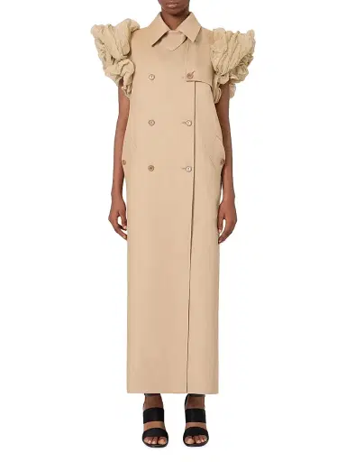 Max Mara Women's Sleeveless Trench Coat in Linen Basketweave with Ruffles - Camel | Thumbnail 3 Max Mara Women's Sleeveless Trench Coat in Linen Basketweave with Ruffles - Camel | Thumbnail 3