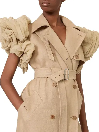 Max Mara Women's Sleeveless Trench Coat in Linen Basketweave with Ruffles - Camel | Thumbnail 5 Max Mara Women's Sleeveless Trench Coat in Linen Basketweave with Ruffles - Camel | Thumbnail 5
