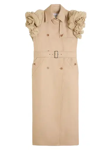 Max Mara Women's Sleeveless Trench Coat in Linen Basketweave with Ruffles - Camel | Thumbnail 1 Max Mara Women's Sleeveless Trench Coat in Linen Basketweave with Ruffles - Camel | Thumbnail 1