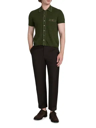 Versace Men's Cotton Button-Front Short-Sleeve Sweater - Dark Olive | Thumbnail 2 Versace Men's Cotton Button-Front Short-Sleeve Sweater - Dark Olive | Thumbnail 2