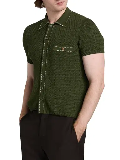 Versace Men's Cotton Button-Front Short-Sleeve Sweater - Dark Olive | Thumbnail 4 Versace Men's Cotton Button-Front Short-Sleeve Sweater - Dark Olive | Thumbnail 4