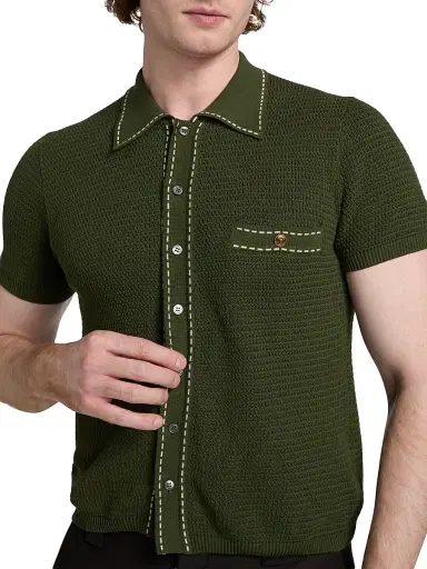 Versace Men's Cotton Button-Front Short-Sleeve Sweater - Dark Olive | Thumbnail 6 Versace Men's Cotton Button-Front Short-Sleeve Sweater - Dark Olive | Thumbnail 6