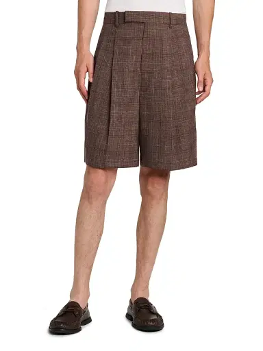 Jil Sander Men's Check Wool-Linen Relaxed-Fit Trouser-Style Shorts - Marron | Thumbnail 3 Jil Sander Men's Check Wool-Linen Relaxed-Fit Trouser-Style Shorts - Marron | Thumbnail 3