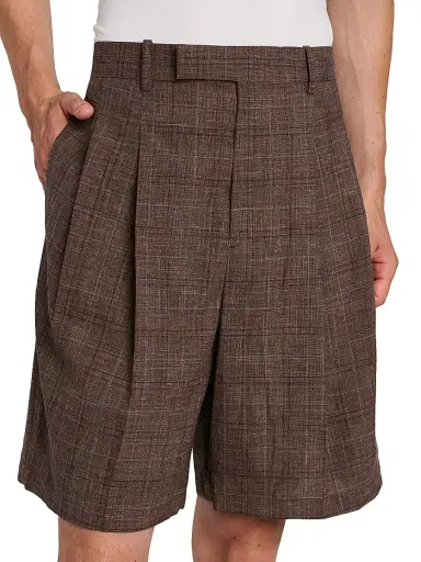Jil Sander Men's Check Wool-Linen Relaxed-Fit Trouser-Style Shorts - Marron | Thumbnail 6 Jil Sander Men's Check Wool-Linen Relaxed-Fit Trouser-Style Shorts - Marron | Thumbnail 6