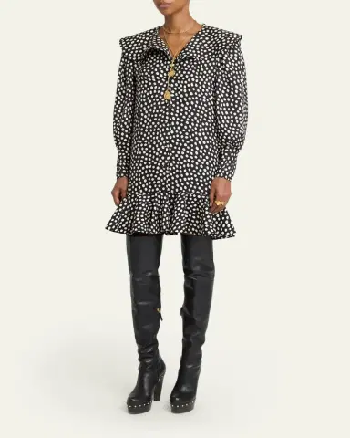 Chloé Dots-Print Silk Jacquard Capelet Long-Sleeve Mini Dress | Thumbnail 4 Chloé Dots-Print Silk Jacquard Capelet Long-Sleeve Mini Dress | Thumbnail 4