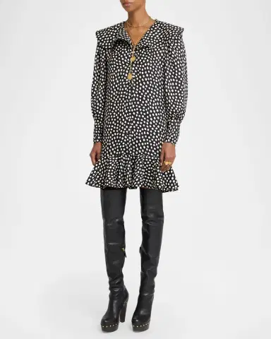 Chloé Dots-Print Silk Jacquard Capelet Long-Sleeve Mini Dress | Thumbnail 8 Chloé Dots-Print Silk Jacquard Capelet Long-Sleeve Mini Dress | Thumbnail 8