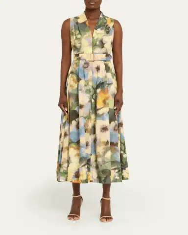 Lela Rose Floral-Print Cotton Sleeveless Midi Dress With Belt | Thumbnail 2 Lela Rose Floral-Print Cotton Sleeveless Midi Dress With Belt | Thumbnail 2