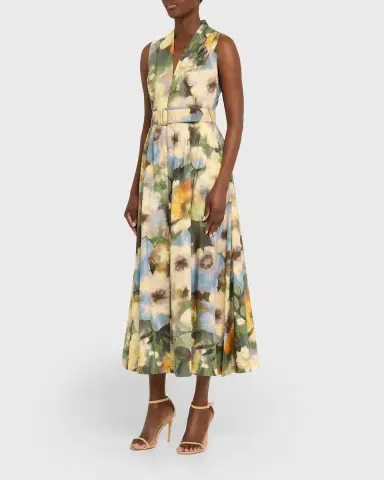Lela Rose Floral-Print Cotton Sleeveless Midi Dress With Belt | Thumbnail 12 Lela Rose Floral-Print Cotton Sleeveless Midi Dress With Belt | Thumbnail 12