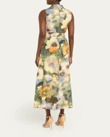 Lela Rose Floral-Print Cotton Sleeveless Midi Dress With Belt | Thumbnail 3 Lela Rose Floral-Print Cotton Sleeveless Midi Dress With Belt | Thumbnail 3