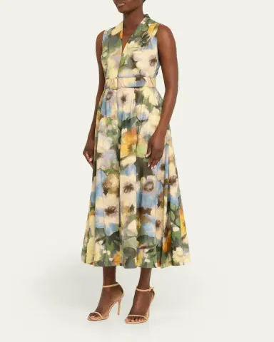Lela Rose Floral-Print Cotton Sleeveless Midi Dress With Belt | Thumbnail 4 Lela Rose Floral-Print Cotton Sleeveless Midi Dress With Belt | Thumbnail 4