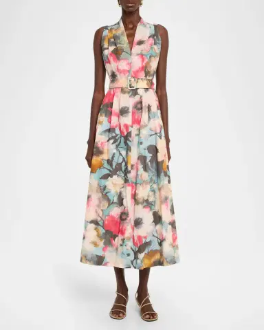 Lela Rose Floral-Print Cotton Sleeveless Midi Dress With Belt | Thumbnail 6 Lela Rose Floral-Print Cotton Sleeveless Midi Dress With Belt | Thumbnail 6