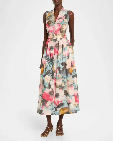 Lela Rose Floral-Print Cotton Sleeveless Midi Dress With Belt | Thumbnail 8 Lela Rose Floral-Print Cotton Sleeveless Midi Dress With Belt | Thumbnail 8