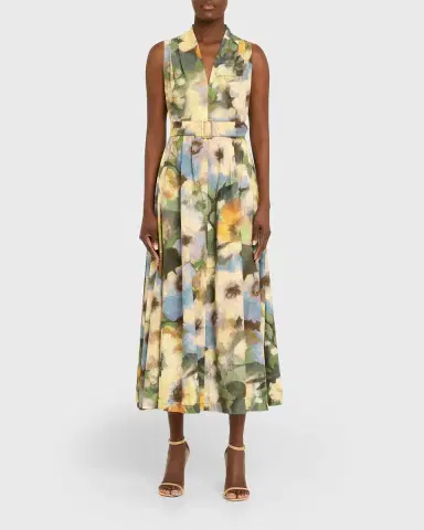 Lela Rose Floral-Print Cotton Sleeveless Midi Dress With Belt | Thumbnail 10 Lela Rose Floral-Print Cotton Sleeveless Midi Dress With Belt | Thumbnail 10