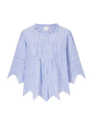 Loretta Caponi Matilde Scalloped Shirred Striped Linen Shirt | Thumbnail 1 Loretta Caponi Matilde Scalloped Shirred Striped Linen Shirt | Thumbnail 1