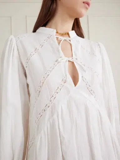 Loretta Caponi Recanati Ruffled Pleated Lace-trimmed Cotton Mini Dress | Thumbnail 4 Loretta Caponi Recanati Ruffled Pleated Lace-trimmed Cotton Mini Dress | Thumbnail 4