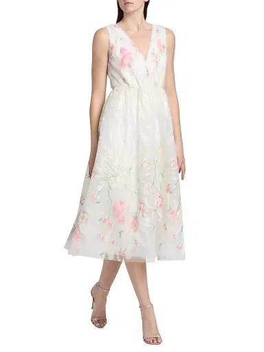 Milly Women's Tinsley Embroidered V-Neck Midi-Dress - White Multi | Thumbnail 2 Milly Women's Tinsley Embroidered V-Neck Midi-Dress - White Multi | Thumbnail 2
