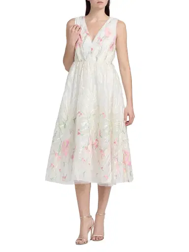 Milly Women's Tinsley Embroidered V-Neck Midi-Dress - White Multi | Thumbnail 3 Milly Women's Tinsley Embroidered V-Neck Midi-Dress - White Multi | Thumbnail 3