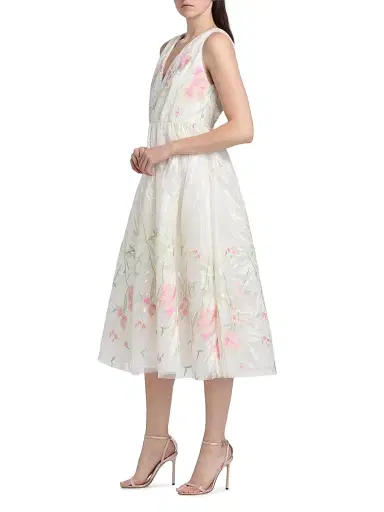 Milly Women's Tinsley Embroidered V-Neck Midi-Dress - White Multi | Thumbnail 4 Milly Women's Tinsley Embroidered V-Neck Midi-Dress - White Multi | Thumbnail 4