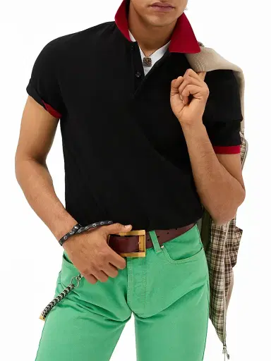 Versace Men's Medusa Embroidered Cotton Polo Shirt - Black Red | Thumbnail 2 Versace Men's Medusa Embroidered Cotton Polo Shirt - Black Red | Thumbnail 2