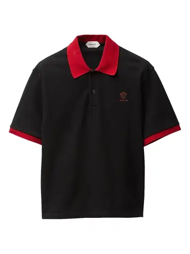 Versace Men's Medusa Embroidered Cotton Polo Shirt - Black Red | Thumbnail 1 Versace Men's Medusa Embroidered Cotton Polo Shirt - Black Red | Thumbnail 1